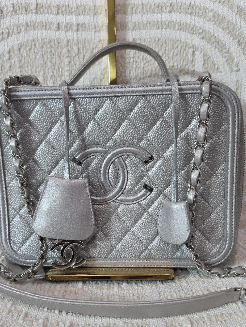 CHANEL Silver Quilted Vanity-Style Large Camera Shoulder Bag